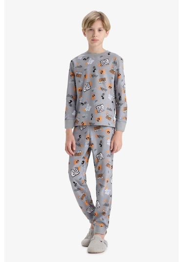 Defacto Erkek Çocuk Pijama Takımı Desenli Uzun Kollu Üst Uzun Alt F1892a825augr265 Gri
