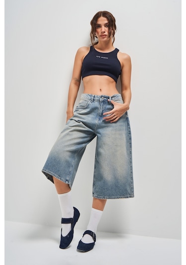 Itsbasic Kadın T.kot Rengi 2s5-84 Süper Baggy Fit Maxi Boy %100 Koton Denim Şort Tint Kot Rengi