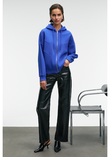 VYSELLE Kadın Önü Kesikli Metal Fermuarlı Kapüşonlu Etiket Detaylı Oversize Mavi Sweatshirt