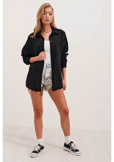 Giyim Dünyası Kadın Tek Cepli Oversize Gömlek Siyah 001