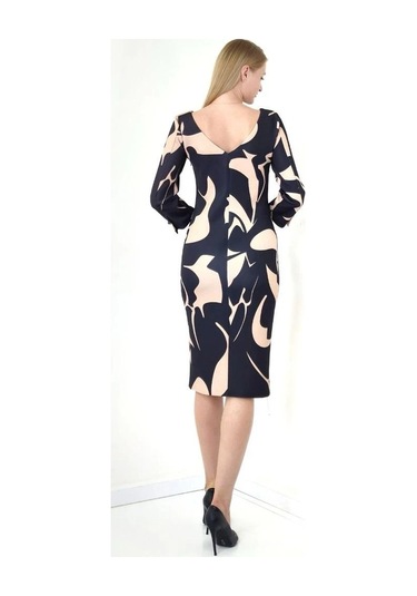 Modatalika Kadın Desenli Yakada Taş Detayı Truvakar Kollu Şık Midi Boy Elbise BEJ Bej