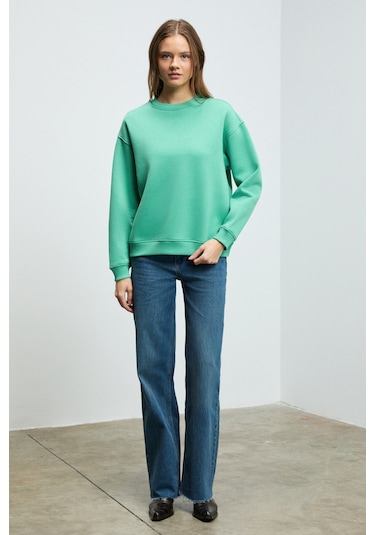 Grimelange SUSANA Kadın Bisiklet Yaka İçi Polarlı Oversize Fit Basic Mint Yeşil Sweatshirt