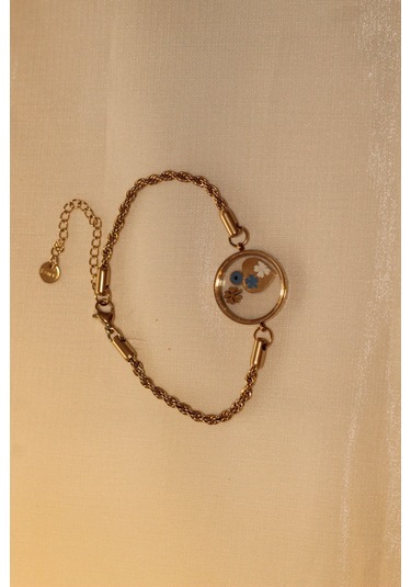 Çiçek Ve Kalpli Yonca Detaylı Çelik Bileklik 17 Cm Zincirli Kararmaz Gold Çiçek Bileklik Gold