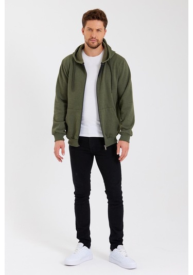 Comeor Kanguru Cepli Kapüşonlu Fermuarlı İçi Pamuklu Erkek Sweatshirt Haki 001 Haki