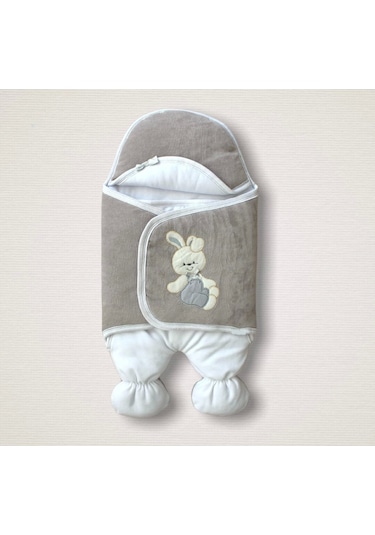 Yenidoğan Kadife Kumaş Ayıcık Nakışlı Şapkalı Kız Erkek Bebek Ayaklı Kundak Bebek Battaniyesi Kahverengi