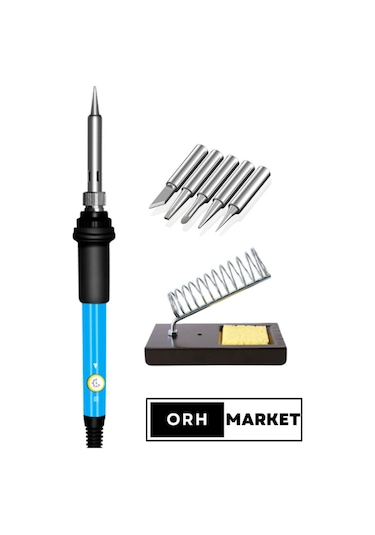 60W Kalem Havya Seti – Metal Stand + 5 Uçlu, Seramik Rezistörlü Lehimleme Takımı