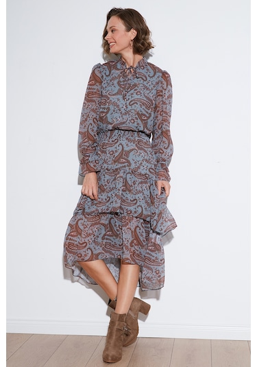 Lela Regular Fit Yaka Detaylı Volanlı Şifon Midi Bayan Elbise 611El1448 Mavi