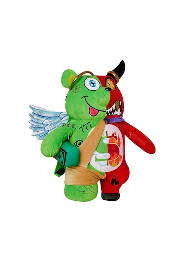 Sprayground Angel Vs Devil Teddy Bear Sırt Çantası, Pelüş Kumaş, Fermuarlı Cepler, Orijinal Tasarım Yeşil