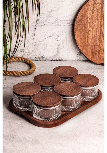 Snippy Bella Yuvarlak 6'lı Vakum Kapaklı Tepsili Cam Kahvaltılık Ahşap - Şeffaf