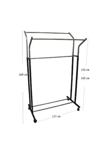 V Ayarlı 125 Cm En Çelik Konfeksiyon Elbise Askılık Tekerli Portatif Raf Home Hanger Siyah