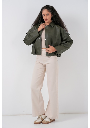 Kadın Oversize Deri Ceket 1055 - Haki Haki