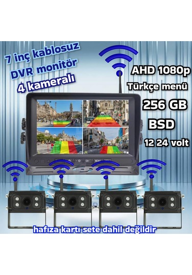 4 Adet Kablosuz Kamera Ahd 1080p 7 İnç Dvr Monitör Bsd Kör Nokta Sistemli 12 24 V