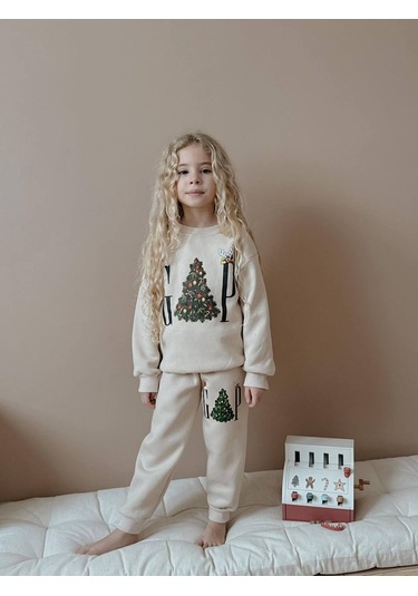 Kız Çocuk Yılbaşı Temalı 3 İplik Eşofman Takımı Ekru