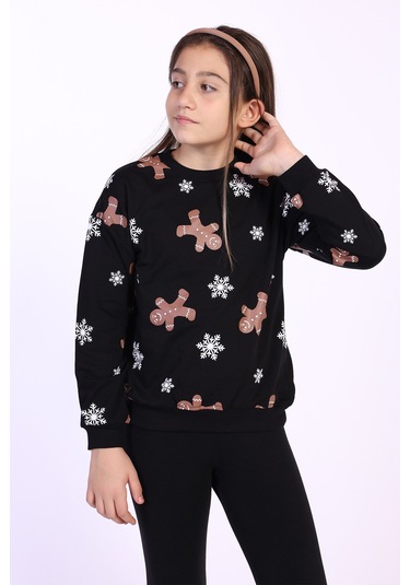 Toontoy Kız Çocuk Kar Taneli Kurabiye Baskılı Sweatshirt Siyah