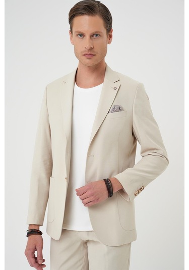 Slim Fit Torba Cep Spandex Karışımlı Casual Krem Ceket C 714 Krem