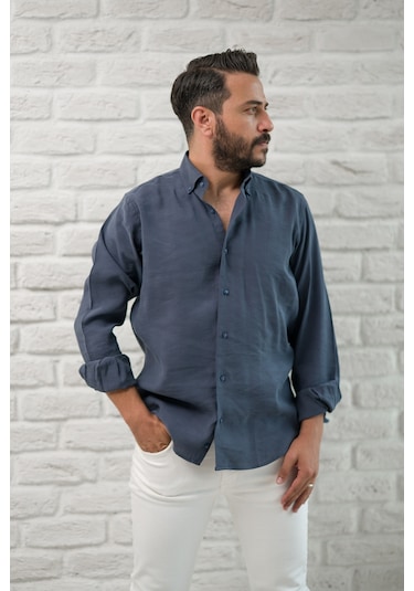 Regular Fit Yaka Düğmeli Yazlık Modal Kumaş Erkek Gömlek Antrasit