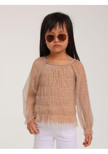 Kız Çocuk Parlak Tül Şık Bluz-14307 Vizon