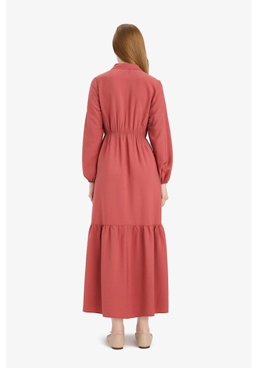 Defacto Gömlek Yaka Beli Büzgilü Uzun Kollu Maxi Elbise D5851ax25spog355 Turuncu