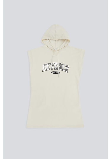 BASKILI KAPÜŞONLU ELBİSE BEJ