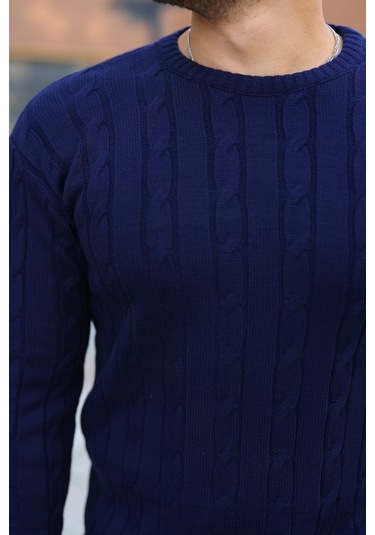 Erkek Örgü Desen Bisiklet Yaka Kazak Lacivert