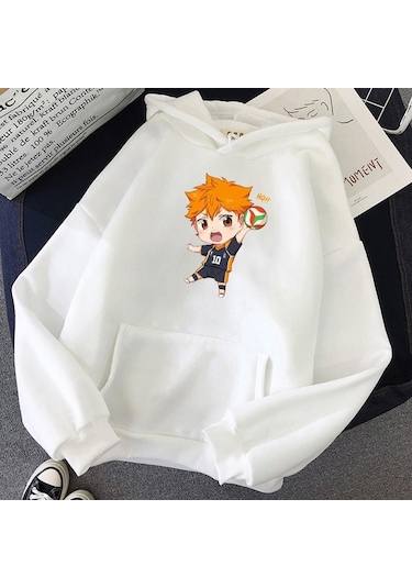 Kadın Moda Voleybol Manga Haikyuu Kapşonlu Harajuku Kawaii Kazak Sweatshirt Karikatür Baskı Anime Estetik Kapşonlu Sokak Giyimi Üst Beyaz