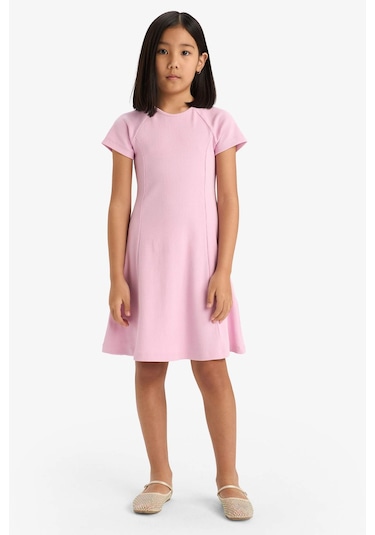 DeFacto Kız Çocuk Bisiklet Yaka A Kesim Basic Düz Fitilli Kaşkorse Kısa Kollu Yazlık Elbise E5801A825SMPR66