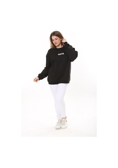Kadın Büyük Beden Siyah Pamuk Kumaş Nakış Yazılı Sweatshirt 65n37616-siyah Siyah