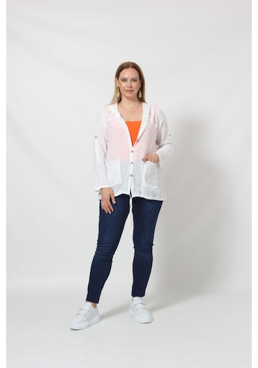 B027 Cebi Pullu Kapüşonlu Gömlek Beyaz 001