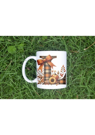 L Harfi Ekose Ve Sonbahar Temalı Kupa Bardak - Kişiye Özel Sıcak Tonlar Alfabe Kupa - Hediye Beyaz