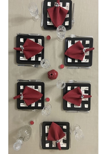 Keten Görünümlü Begonvil Masa Örtüsü Kapuçino 27 Parça Set