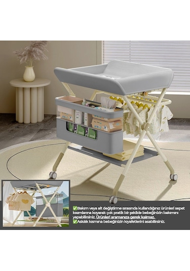 Portatif Bebek Alt Değiştirme Bakım Masası Sepetli Organizer Katlanabilir Taşınabilir İstasyon Tekerlekli Askılık Gri Portatif Bebek Alt Değiştirme Bakım Masası Sepetli Organizer Katlanabilir Taşınabilir İstasyon Tekerlekli Askılık Gri