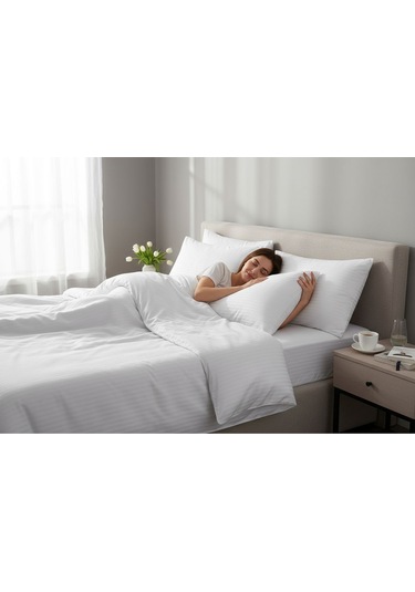 Lumira Çizgili Pamuk Nevresim Takımı Tek Kişilik Premium 83 Tel Otel Serisi 160x230 Beyaz