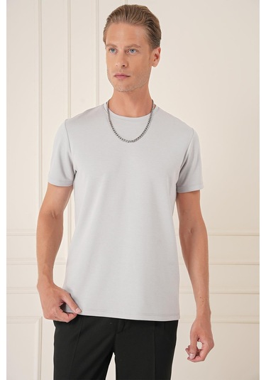 Comfort Fit Bisiklet Yaka Esnek Pamuk Casual Gri Tişört Ts 885 Gri