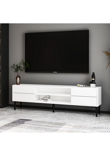 Aragon Modern Tv Sehpası 140 Cm, 2 Kapaklı + 2 Açık Raflı, Siy...