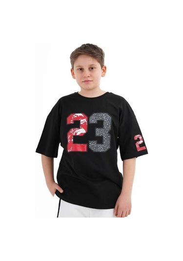 Çocuk 23 Yazılı Oversize Pamuklu T-shirt-16013 SIYAH