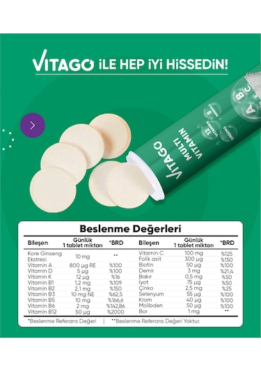 Vitago Multivitamin Multimineral Içeren 20 Efervesan Tablet