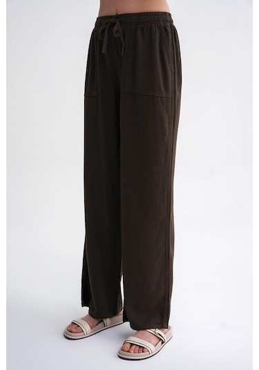 4629 Kadın Bol Paça Yüksek Bel Viskon Palazzo Pantolon Haki Haki