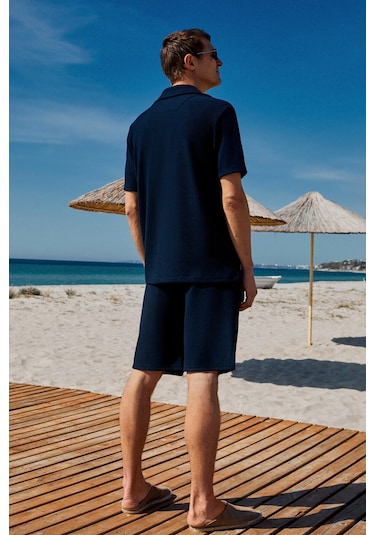 Grimelange MALYES Erkek Beli Lastikli Kordonlu Yanda Çift Arkada Tek Cepli Relaxed Fit Lacivert Şort & Bermuda