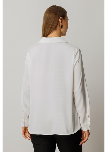 Ekol Kadın Büyük Beden Düğmeli Saten Gömlek 3505 Ekru Ekru