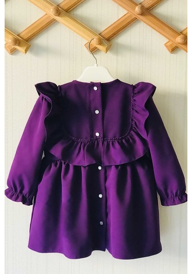 Fırfır Ve Kurdele Detaylı Mor Krep Kız Çocuk Bebek Elbise 001