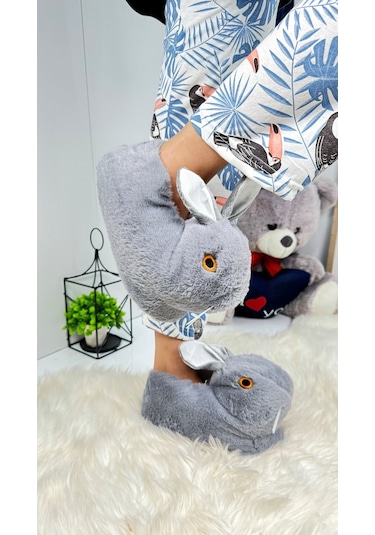 Kadın Panduf Tavşan Figürlü Peluş Ev Botu Desenli Düz Taban Rahat Hafif 359 Gri