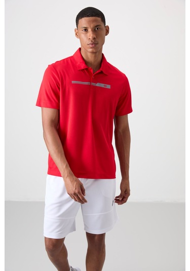 Kırmızı Nefes Alan Dokulu İnce Esnek Standart Fit Polo Yaka Erkek Performans T-shirt - 88393 Kırmızı