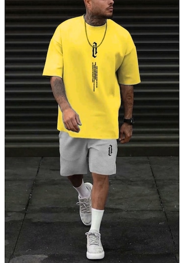 Dikey T-shirt Şort - Sarı Gri Alt Üst Kombin Şort Tişört Takım Baskılı Oversize Bisiklet Yaka Sarı Gri
