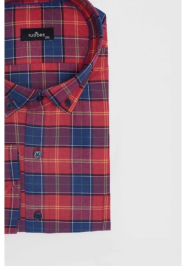 Tudors Büyük Beden Düğmeli Yaka Kareli Pamuklu Erkek Gömlek-31470-çok Renkli
