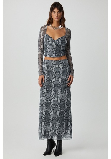 GRIMELANGE Beulah Kadın Maxi Boy Slim Fit Beli Lastikli Tül Batik Desenli Yılan Desenli Etek Yılan Desenli Çok Renkli