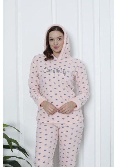 Fawn 3903 Peluş Welsoft Polar Kışlık Kapşonlu Kadın Pijama Takımı Soft Pembe