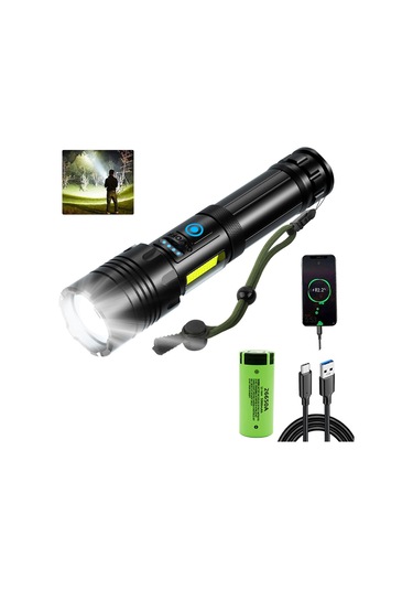 Yunboo Alüminyum Alyuminyum El Feneri Xhp70.2, 3+4 Mod, Teleskopik Yakınlaştırma, Type-c Şarj, 26650/18650 Pil Seti Usb Kablosu + Kutusu Siyah