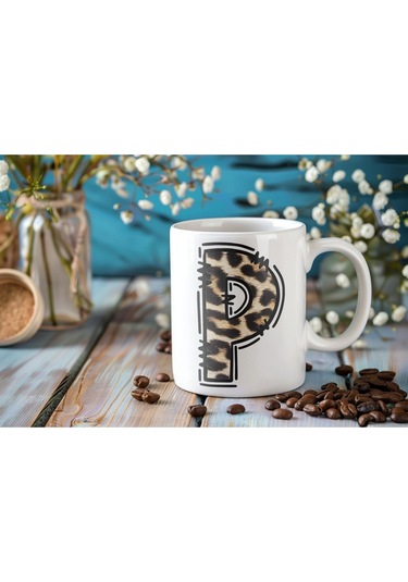 P Baş Harf Leopar Desenli Kupa Bardak - Kişiye Özel Feminen Konsept Hediye - Vahşi Hayvan Desenli Beyaz
