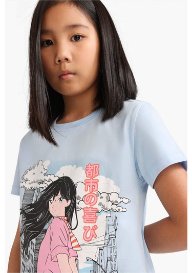 Defacto Kız Çocuk Bisiklet Yaka Anime Baskılı Kısa Kollu Tişört E0351a825smbe745 Mavi