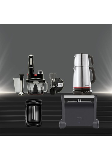 Homend Premium 4'lü Elektrikli Çeyiz Seti Tost Makinesi + Kahve Makinesi + Çay Makinesi + Mikser Blender Set Siyah